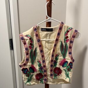 Zara Cream Vest with Colorful Floral Embroidery
